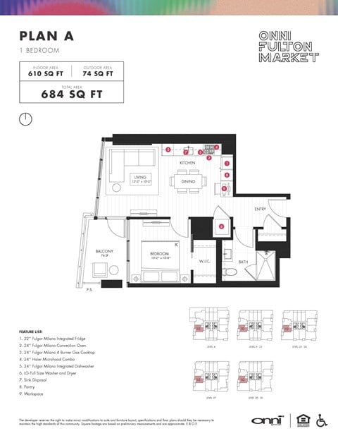 Floor plan for 1 bed, 1 bath, 610 sqft